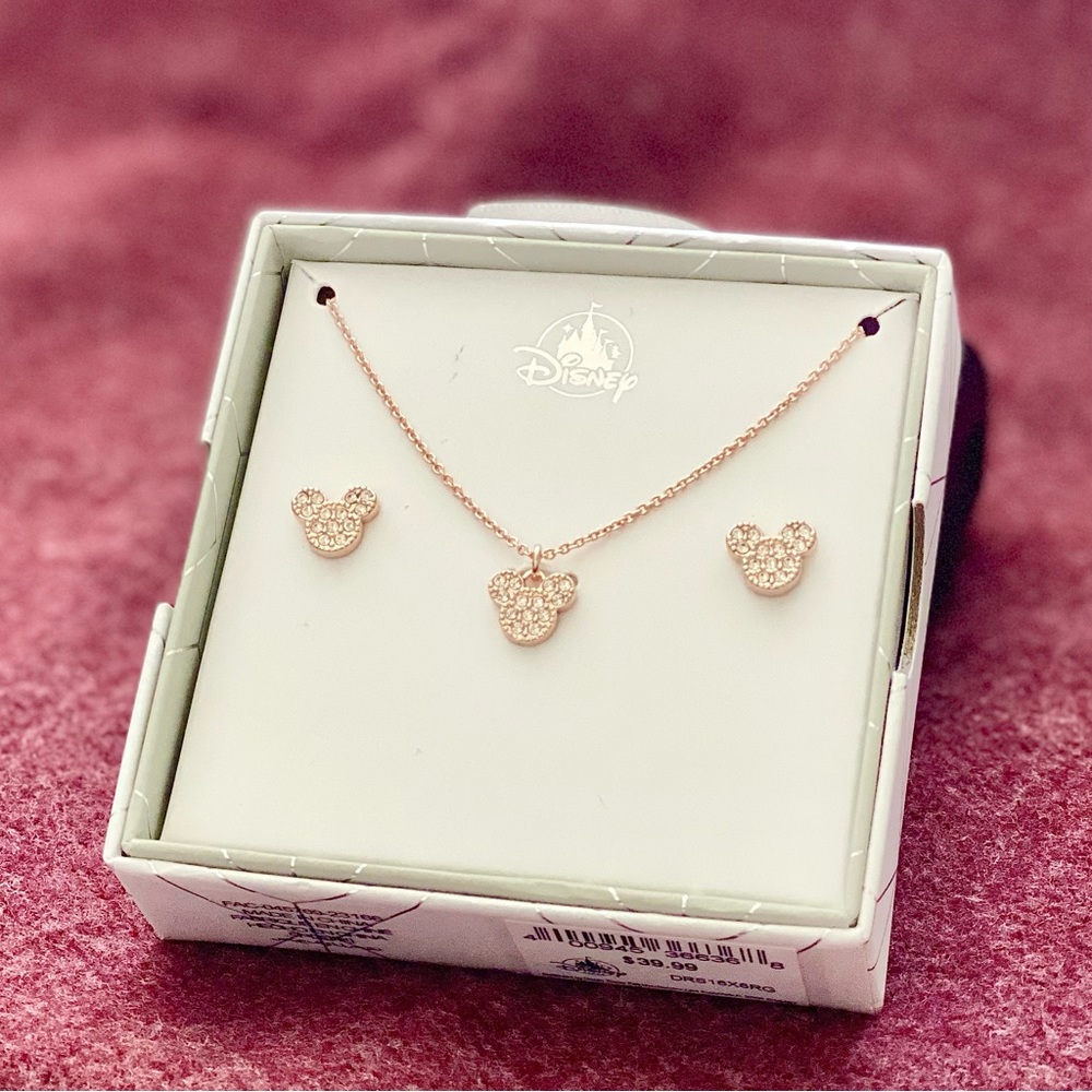 Disney Parks Collection Swarovski Rose Gold Tone Mickey Mouse Icon Jewelry Set